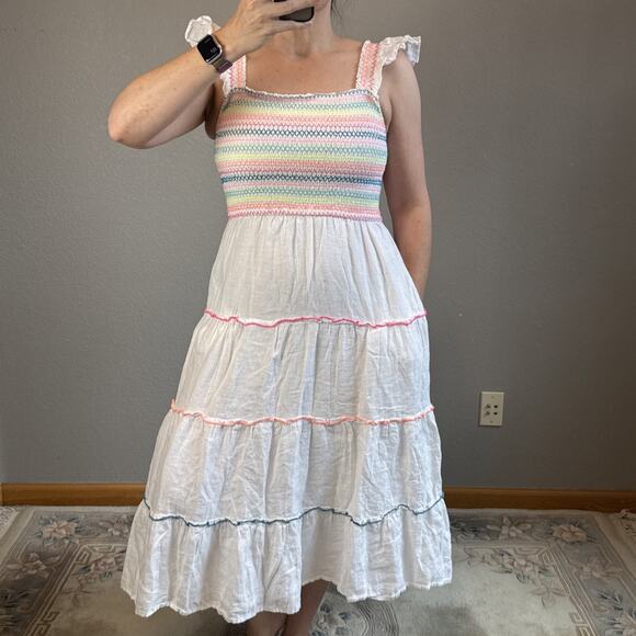 Vineyard Vines Flutter Sleeve Smocked Tiered White Linen Midi Dress Size S - Picture 1 of 9